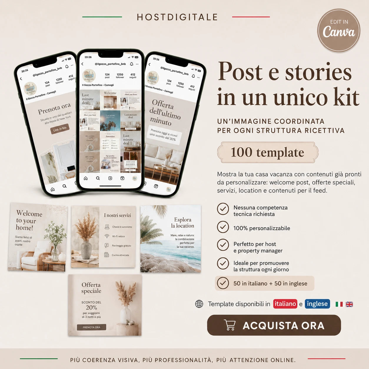 Kit Template Post + Stories Social Media per Host, B&B e Case Vacanza EN-IT HOSTDIGITALE™