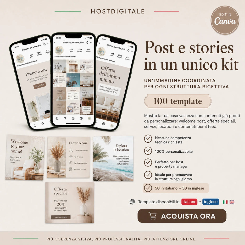 Kit Template Post + Stories Social Media per Host, B&B e Case Vacanza EN-IT HOSTDIGITALE™